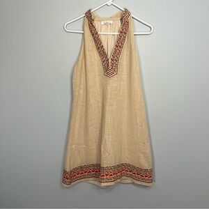 THML Dress Womens Small Beige Red Embroidered Vneck Lined 100% Cotton Summer